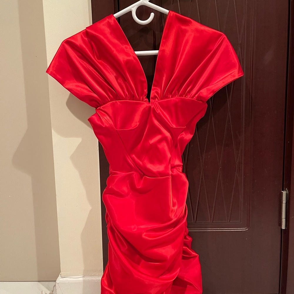 Red, Satin Off the Shoulder Dress